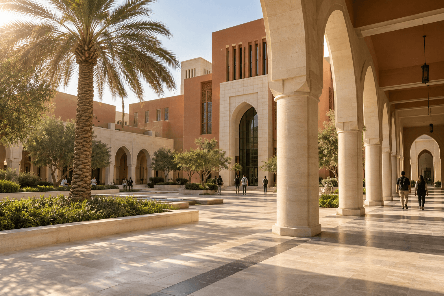 Arched courtyard of a contemporary campus in warm stone and terracotta, palms and morning light