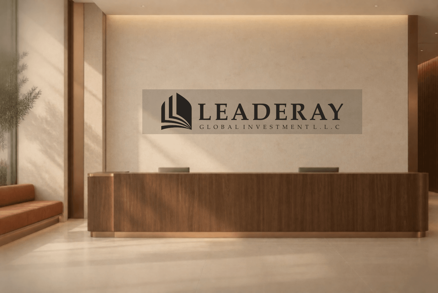 Reception with the Leaderay signature in brushed metal on a stone wall